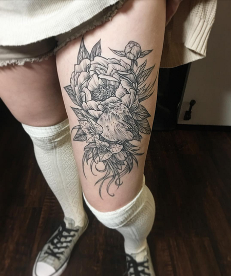 Michael Bales - Healed Bird and Floral on Thigh- Instagram @michaelbalesart